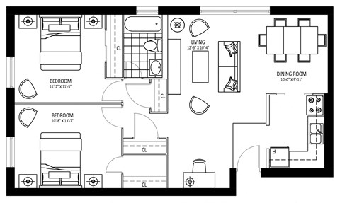 Floor plan for 2 beds, 1 bath, 935 sqft